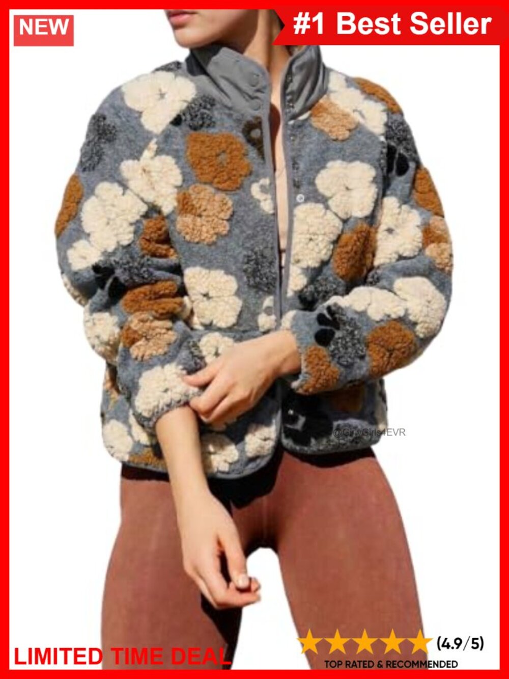 Womens Floral Fleece Jacket Warm Button Down Sherpa Coat